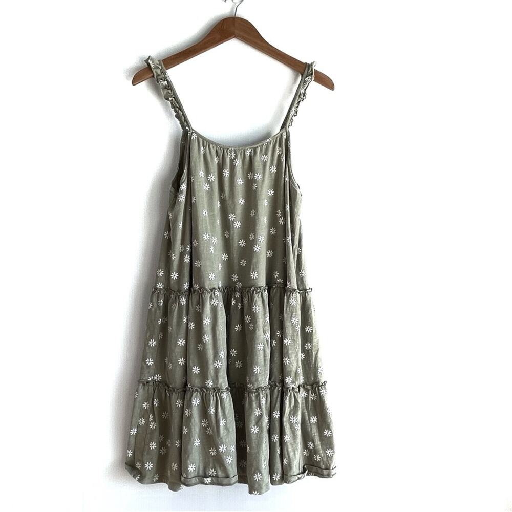 Rylee + Cru Olive Green Mini Dress with White Floral Pattern
